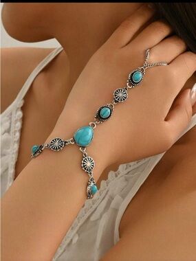 Faux Turquoise Silver tone, Slave Bracelet.